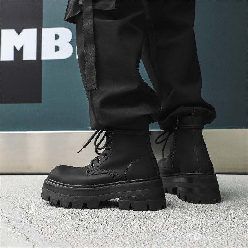 Mikke 2025 Autumn/Winter New Men's Martin Boots British Style High-Top Chunky Shoes with Fleece Lining Black Motorcycle Work Boots