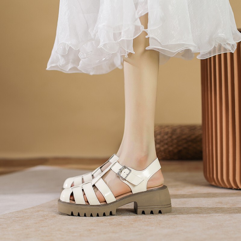 Genuine Leather Closed-Toe Roman Sandals for Women 2023 New Summer Platform Shoes Chunky Heel High Heel Retro Thick-Soled Woven Pig Cage Shoes