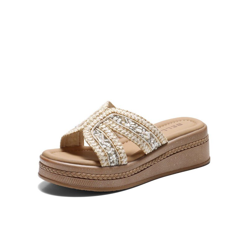 Belle Holiday-Style Woven Casual Slippers Belle Genuine Leather Retro Women's Shoes Thick-Soled Sandals Slippers B3139Bt6