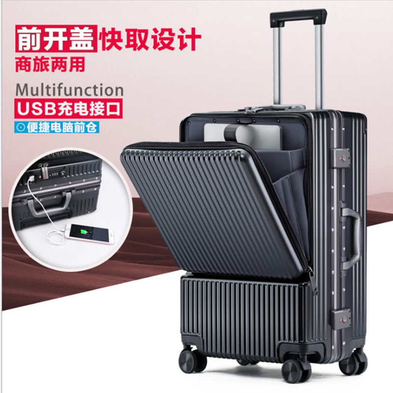 Suitcase male student suitcase business boarding case with USB charging front opening female universal wheel trolley case