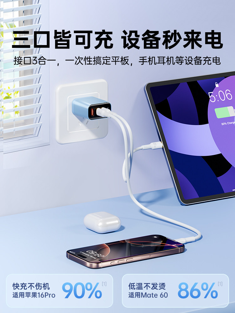 45W Three-Port Charger Super Fast Charging Bs Suitable for Apple 16/15 Huawei Mobile Phones Typec Xiaomi Tablet Oppo Multi-Port Smart Digital Display USB Plug Android Universal Multi-Function Set