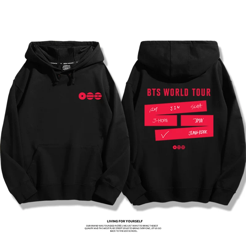 Толстовка с капюшоном (BTS) world tour 2026, унисекс, тонкая и флисовая, чёрная/белая, размеры S–3XL