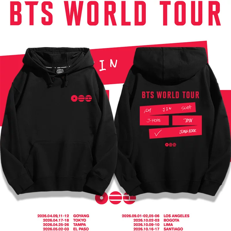 Толстовка с капюшоном (BTS) world tour 2026, унисекс, тонкая и флисовая, чёрная/белая, размеры S–3XL