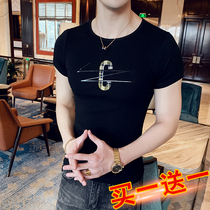 Summer short-sleeved mens t-shirt Korean slim cotton tight-fitting half-sleeve printed T-shirt mens base coat trend