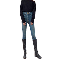 SJOG shaping non-stacking plus velvet boot pants high waist hip jeans womens nine-point tight pencil pants