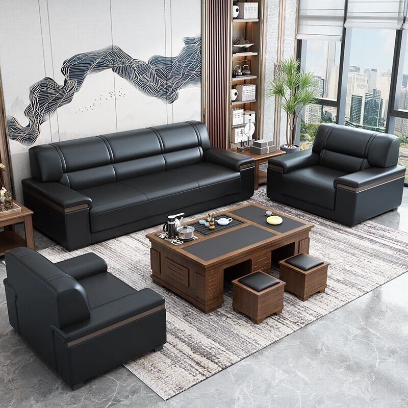 Office Sofa Modern Simple Chinese Business Reception Three-Seat Office Leather Reception Set Coffee Table Combination