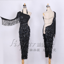 Belly dance Latin dance sequins tassel dress dress black slim long dress sexy strappy strap ladies performance suit