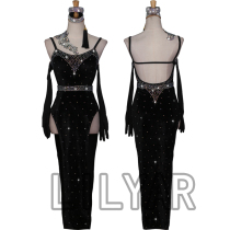 New Latin dance dance clothing stretch velvet costume black Latin dance performance clothing high open Fork dance skirt delivery gloves