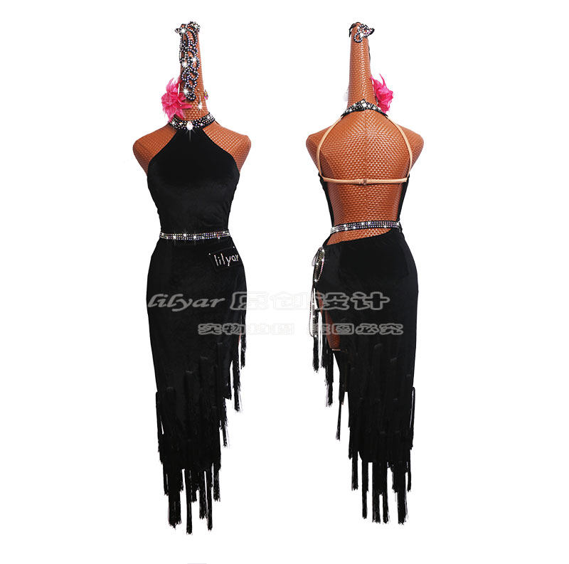 Latin dance dance skirt adult female child competition costume performance costume Chinese style strapless black slim tassel skirt