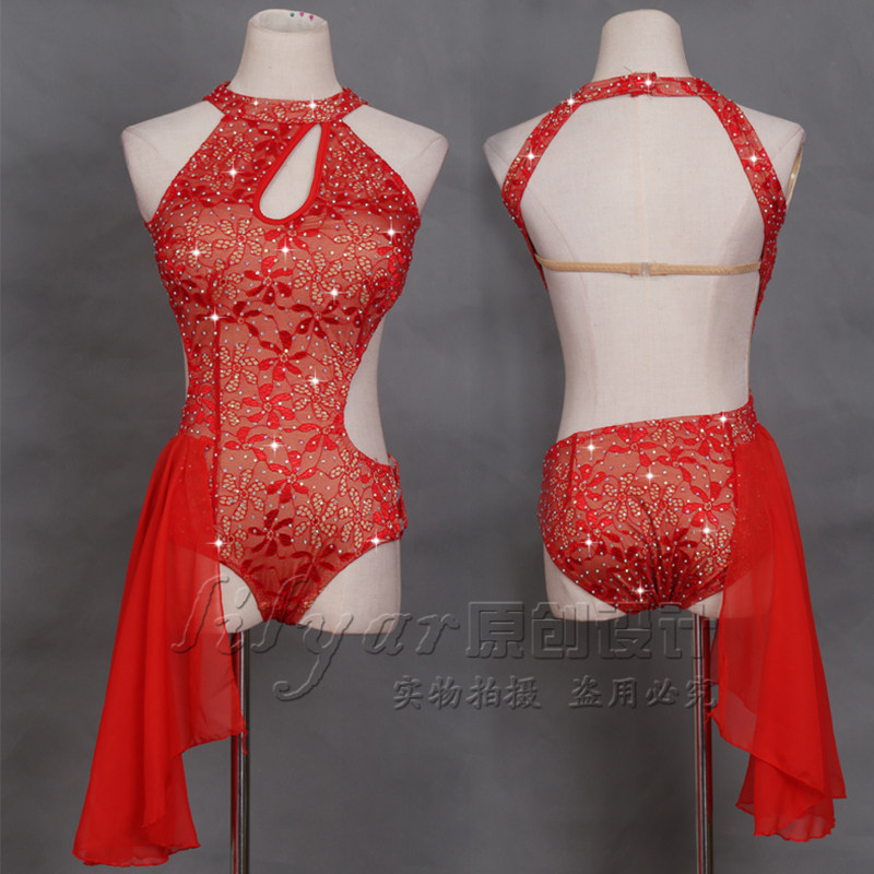 Latin dance skirt performance costume pole dance performance costume competition suit adult red backless sexy lace custom dance skirt