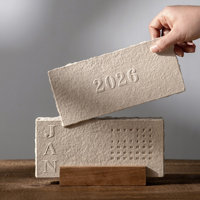 2026 Wabi-Sabi Style Rough-Edged Embossed Calendar, High-End Desk Calendar, Creative Desktop Ornament, Monthly Calendar Gift