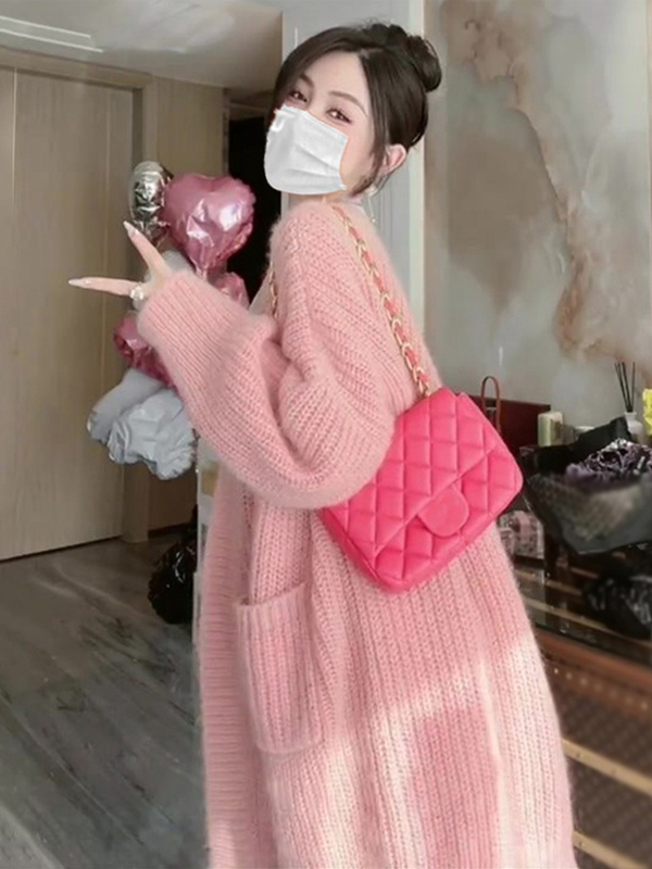 Autumn Pink Mohair Knitted Cardigan for Women, Mid-Length, Loose, Lazy Style, High-End Sweater Jacket