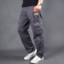 Spring and summer multi-pocket overalls men wear-resistant cotton casual pants loose straight long pants tactical pants elastic waist tide