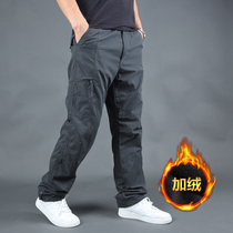 Winter plus velvet warm windproof multi-pocket tooling trousers mens loose straight casual pants middle-aged cotton pants dad
