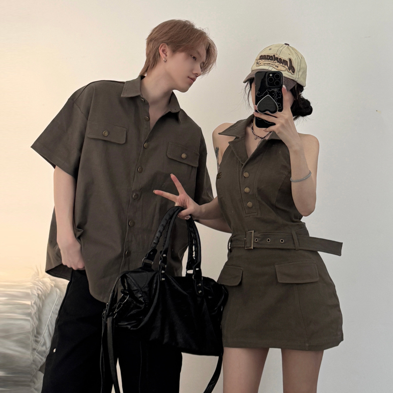 Unique and Non-Repetitive Couple Outfits: Men's Short-Sleeved Workwear-Style Shirt, Women's Halter-Neck Waist-Cinching Slimming Pure Desire Short Dress Unique and Non-Repetitive Couple Outfits: Men's Short-Sleeved Workwear-Style Shirt, Women's Halter-Neck Waist-Cinching Slimming Pure Desire Short Dress