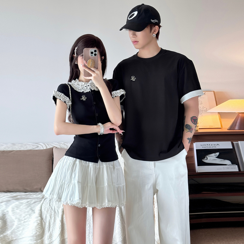 Niche Design Couple Outfits Summer Short-Sleeved T-Shirt ins Trendy Slimming Lace Splicing Two-Piece Set One Top and One Skirt