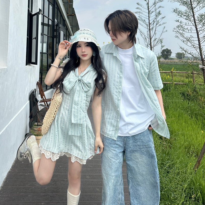 Unique Couple Outfits: Summer Short-Sleeve Shirt with Striped Bow Tie, Lace Flutter-Sleeve Dress, One Dress and One Shirt Unique Couple Outfits: Summer Short-Sleeve Shirt with Striped Bow Tie, Lace Flutter-Sleeve Dress, One Dress and One Shirt