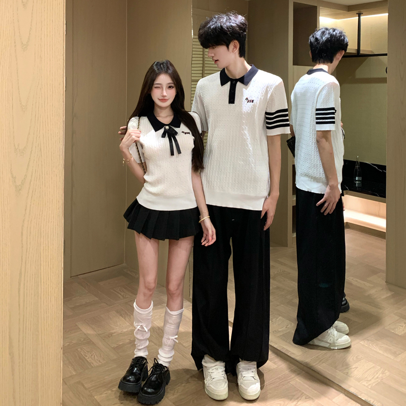 Korean Couple's Summer Embroidered Dog Collar Short-Sleeve T-Shirt Miu Elegant Slim-Fit Knit Top and Skirt Set