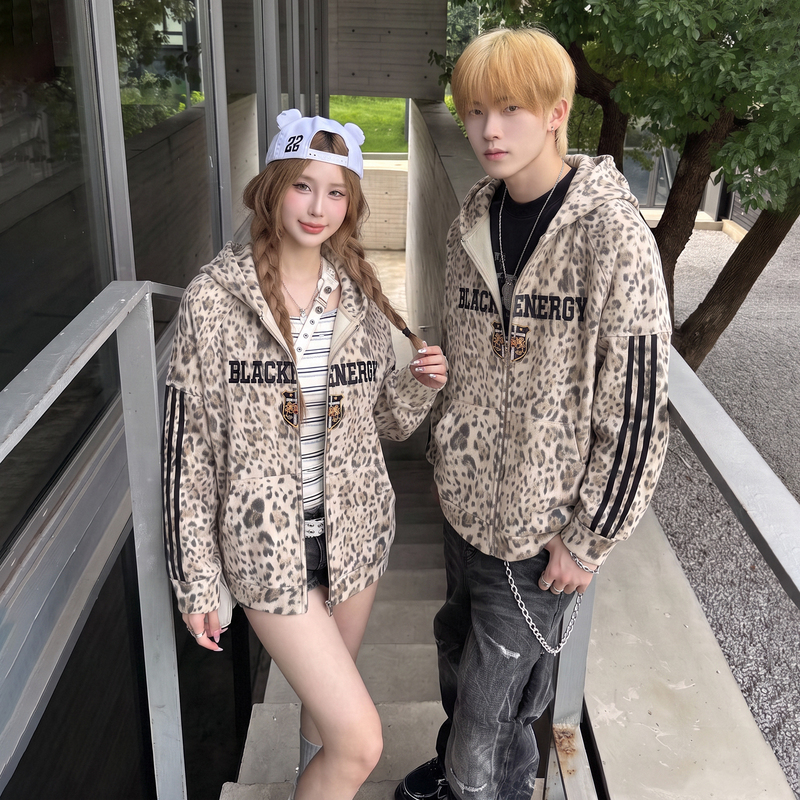 American Light Asian Style Leopard Print Hooded Jacket for Men and Women, Couple Wear, 2026 Autumn Trendy Zip-Up Cardigan Sweatshirt Jacket