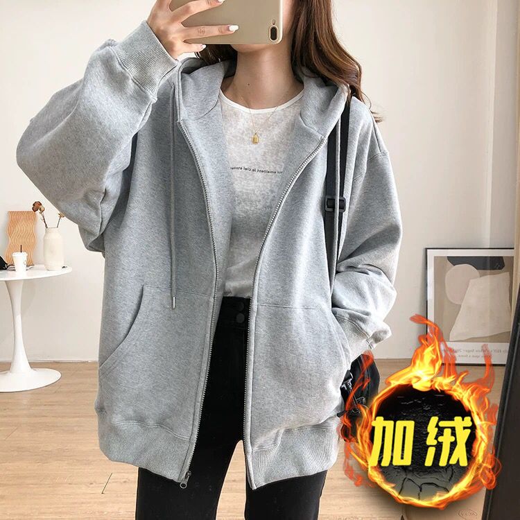 Hooded Sweatshirt for Women, New Korean Style for Spring, Autumn, and Winter, Loose Fit, Fleece-Lined, Versatile Jacket Top ins Trendy