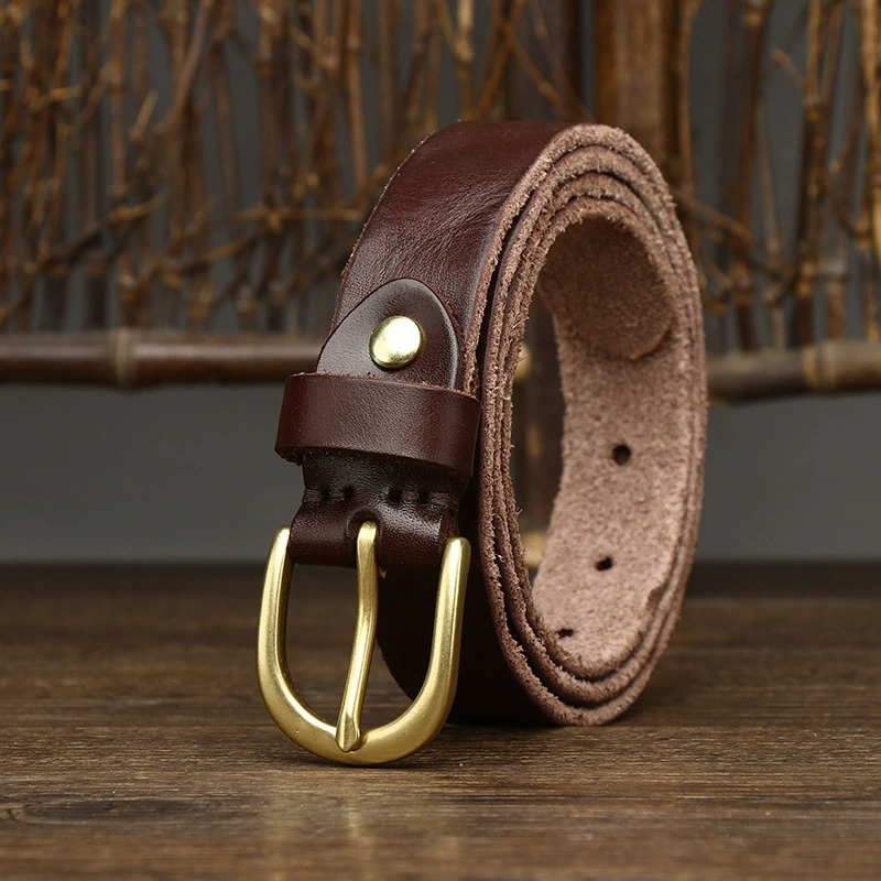 First-Layer Cowhide Vintage Washed Women's Belt with Brass Buckle, Pure Cowhide Vintage Pleated Versatile Jeans Belt