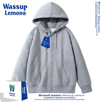 WASSUP LEMON hooded cardigan oversize sweatshirt for men and women solid color trendy brand plus velvet thick casual jacket