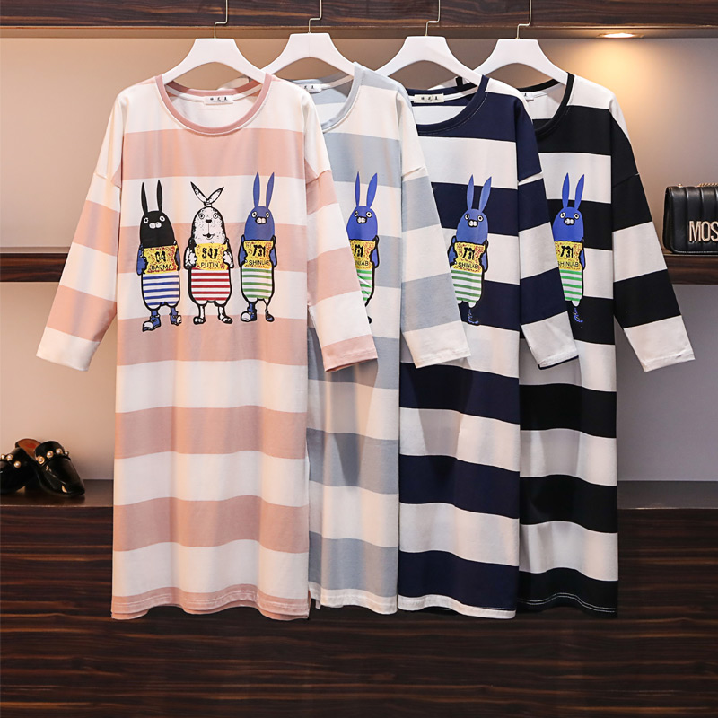 2020 new nightdress women's spring and autumn cotton long-sleeved striped plus size pajamas women's fat MM200 jin cartoon cotton
