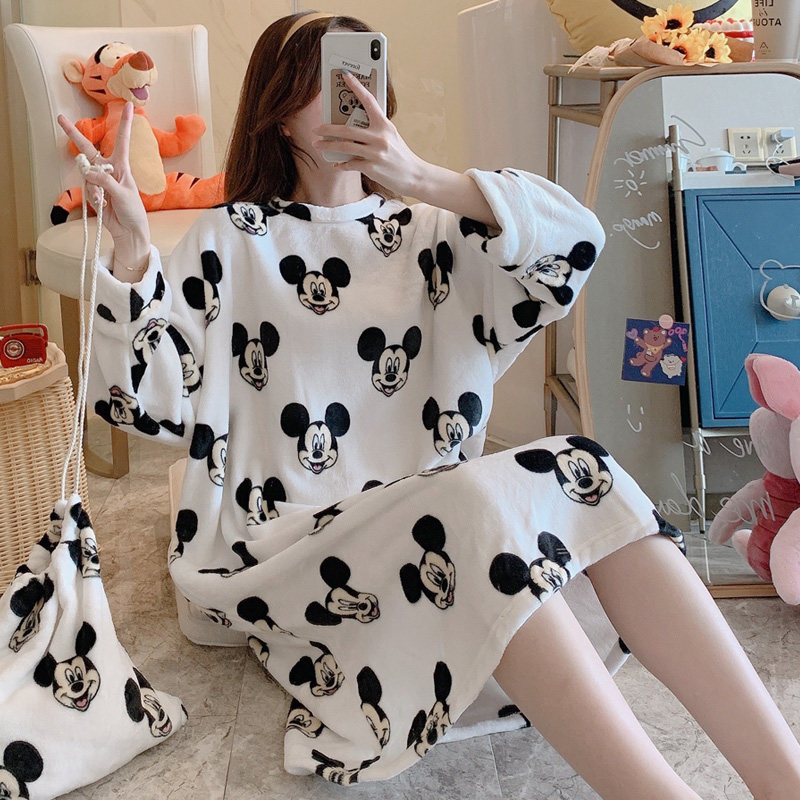 Nightdress female autumn and winter thickened coral fleece Korean Mickey Mouse students flannel pajamas loose pregnant women home clothes