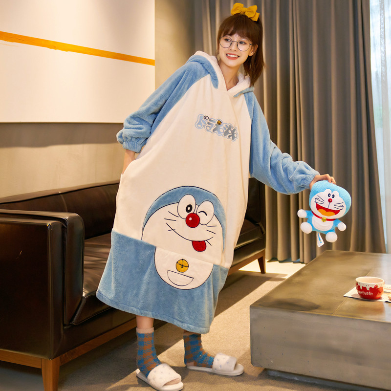 Thick coral fleece nightdress female autumn and winter long version plus velvet cute cartoon cat loose large size pajamas flannel fat mm