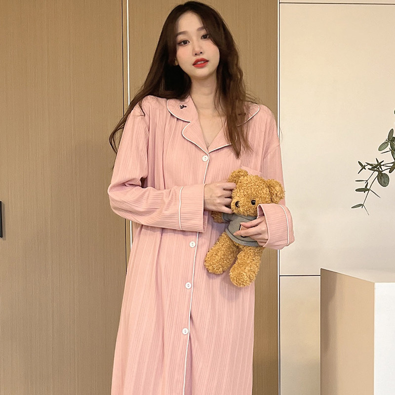 Pure Cotton Sleeping Dress Woman Spring Autumn Long Sleeve Cardio-jersey Pajamas Loose in Fashion Ins Korean version Lazy Wind Shirt Skirt-Taobao