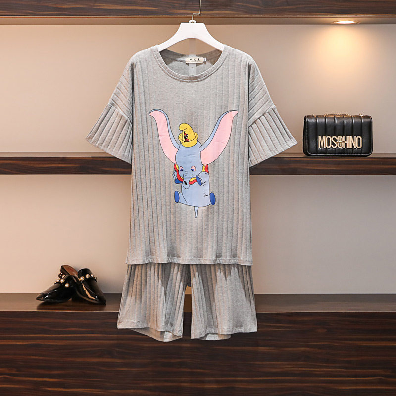 Large size 300 catty sleepwear woman Summer short sleeve pure cotton suit loose plus obesity MM200 catty Home Clothing Full Cotton
