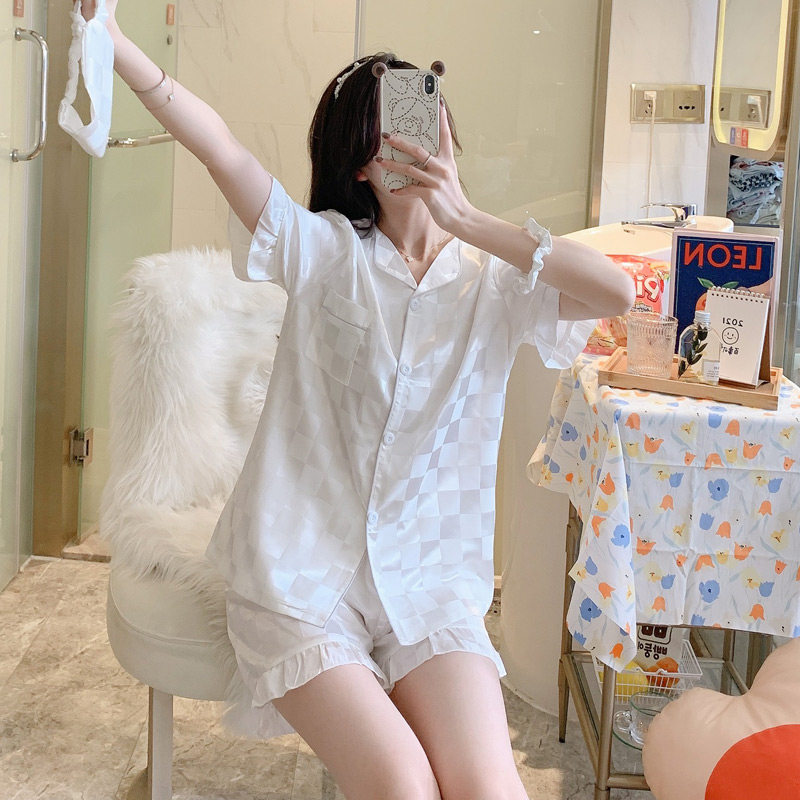 Летняя шелковая пижама, тонкие шорты, шелковый кардиган, комплект, короткий рукав, 2025 года 