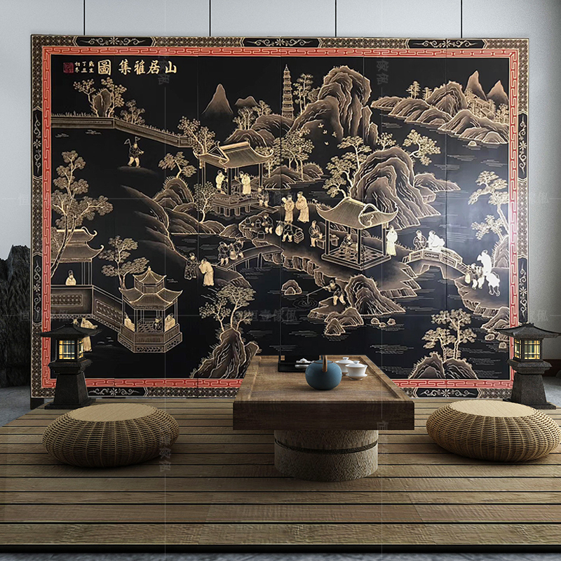 New Chinese film and television wall atmospheric black hand-painted gold landscape wooden screen partition folding can be customized movable entrance