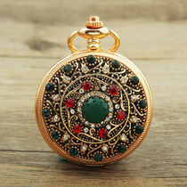 Retro creative pocket watch red ancient face diamond green edge quartz watch creative nostalgic jewelry hanging watch pocket watch