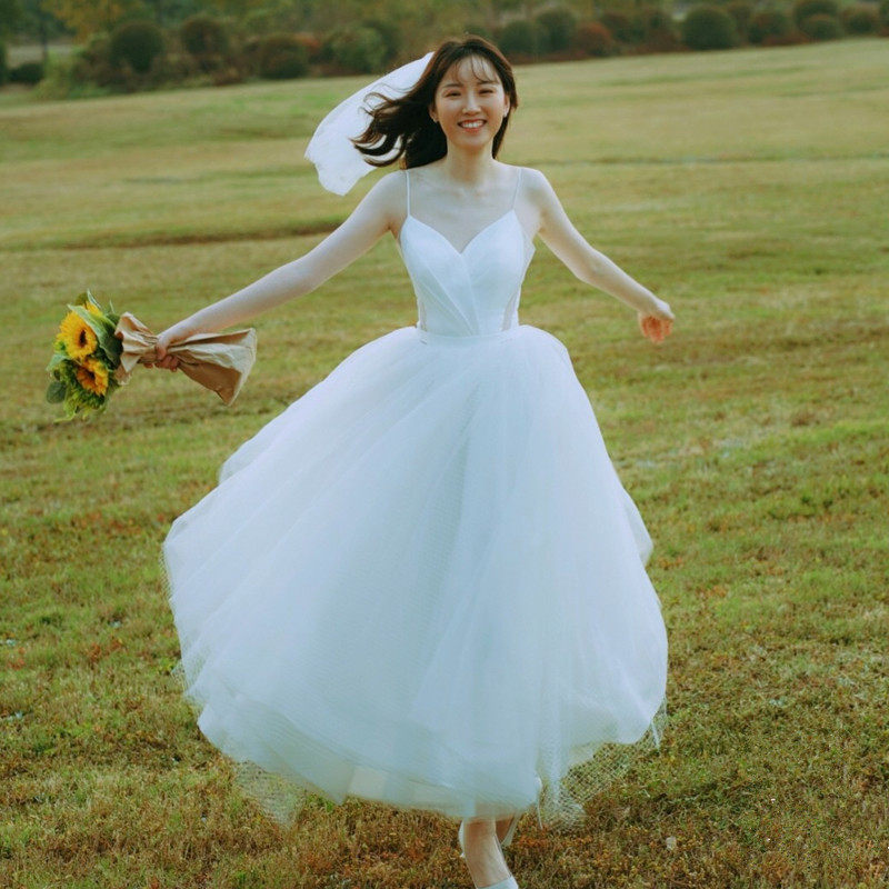 Light Wedding Dress Brigade Slapping Brief Yosen Ensemble Ultra Fairy-style Lean Comeback White Small Sub Light Sling Small Gown summer