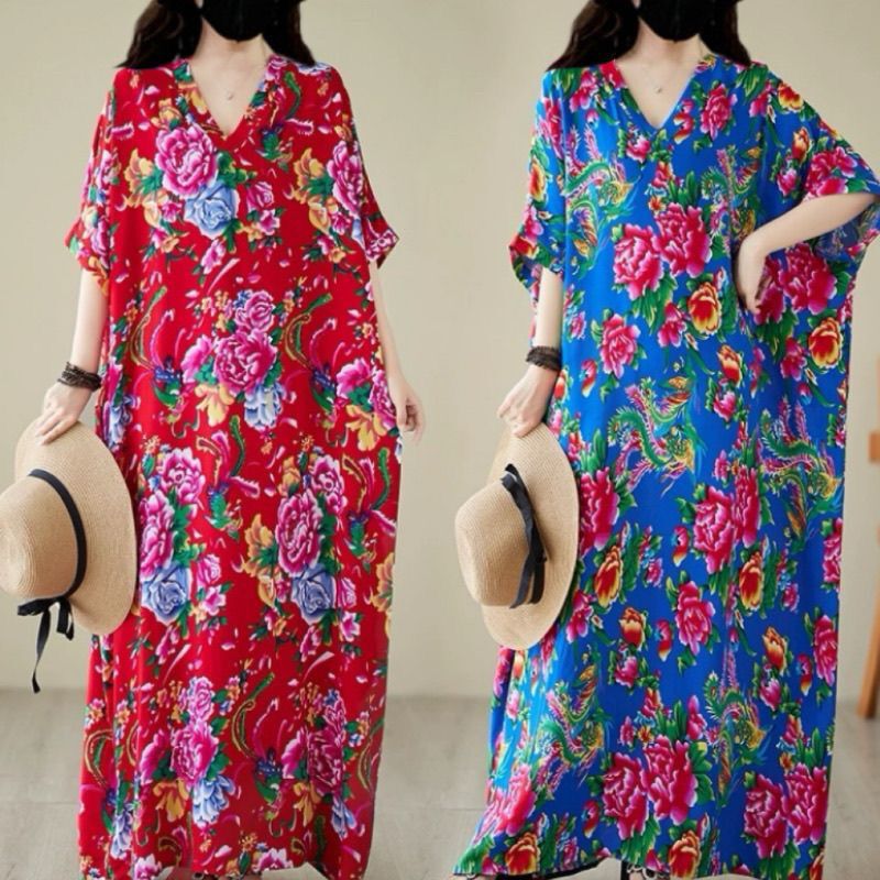 New Style Dress with Large Floral Print, Cotton, Plus Size, Loose Fit, Vacation, Artistic, Beach, Ethnic, Vintage, Long Robe, Covers Body, Northeast Style