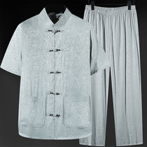 Tang suit male summer mulberry silk short sleeve suit Chinese style Ice Silk father clothes old man grandfather silk Hanfu man