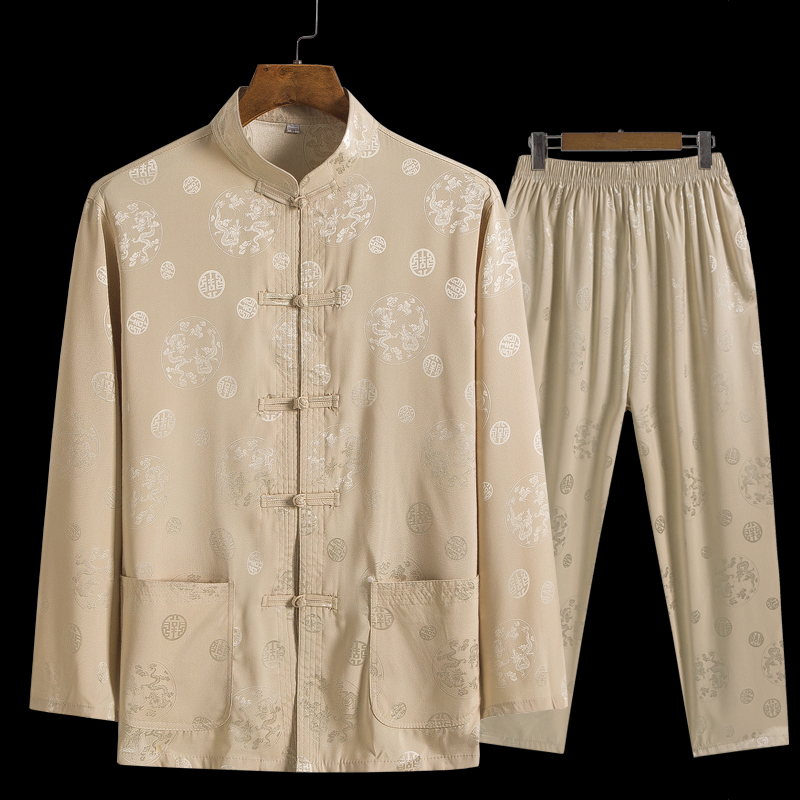 Spring and autumn season middle-aged Tang suit men's long-sleeved suit Chinese style old man clothes 50-60-70 Grandpa summer thin section