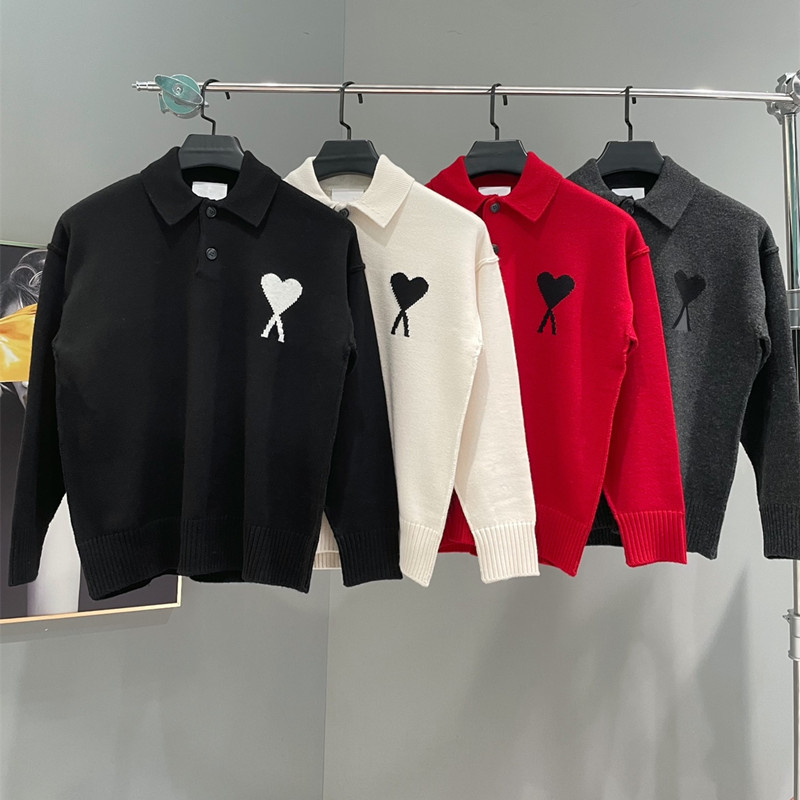 Ami2026 New Autumn and Winter Style Heart Jacquard Lapel Polo Loose Slimming Versatile Sweater Top Aminvcey