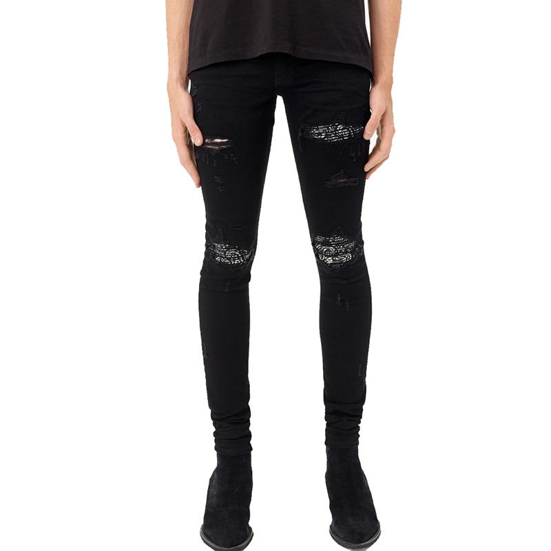 European and American High Street 26Ss Am Mx1 Patchwork Leather Slp Ripped Trendy Brand Slim-Fit Jeans Autumn and Winter Men's High Quality