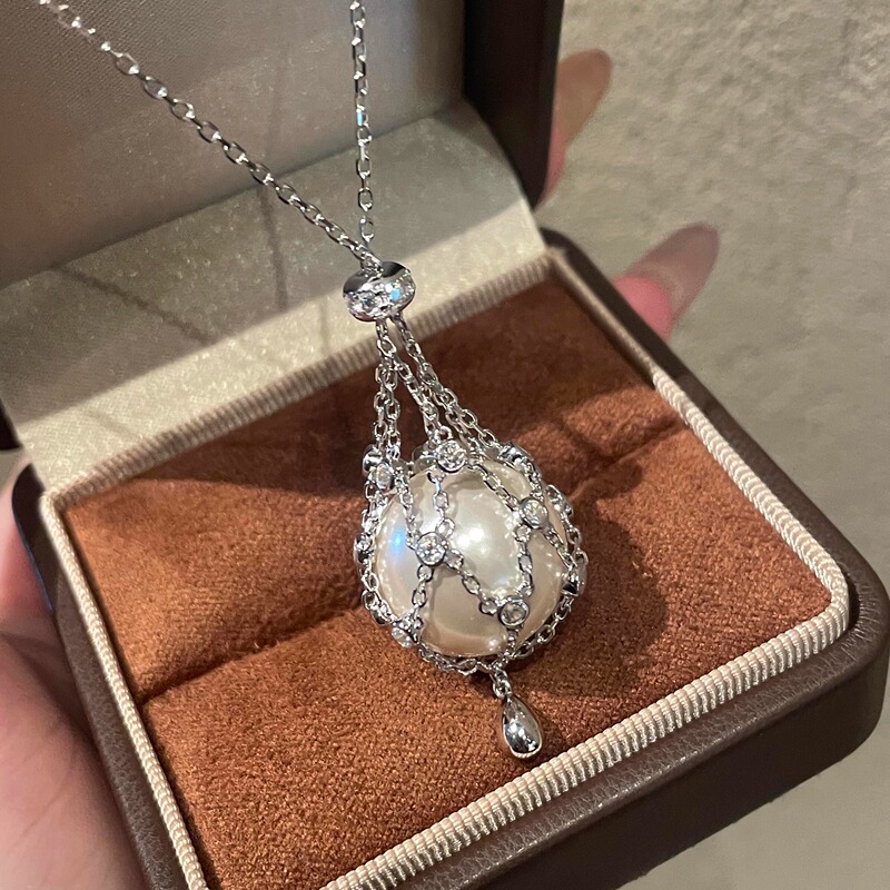 Only Making S925 Sterling Silver! Net Pocket Pearl Necklace 16mm Australian White Pearl Natural White Crystal Shirt Sweater Chain Only Making S925 Sterling Silver! Net Pocket Pearl Necklace 16mm Australian White Pearl Natural White Crystal Shirt Sweater Chain