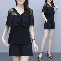 Large size womens chiffon shirt shorts set age age cover meat 2021 summer clothes new fat sister slim two-piece set