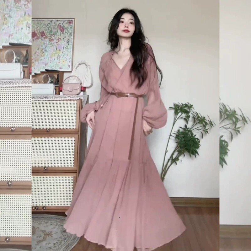 French-Style Dress, Pink Tea Break Dress for Women, 2026 Spring New Model, Seaside Resort Style, Elegant Long Dress