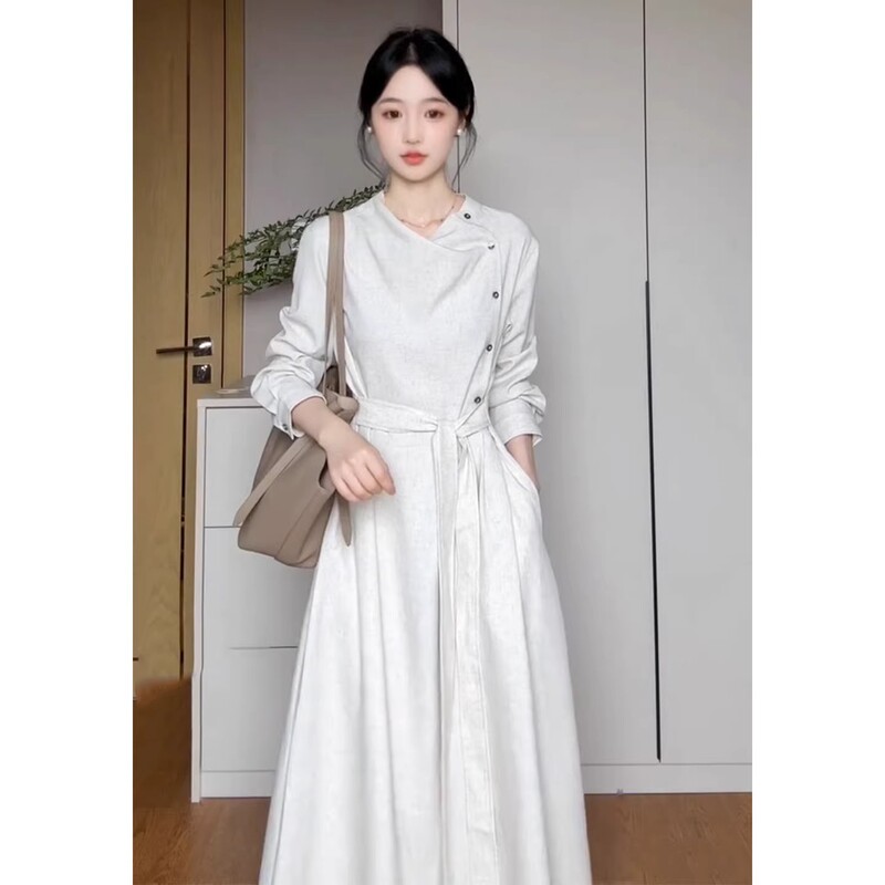 French-Style Vintage Diagonal Placket Long-Sleeve Dress 2026 Spring Simple and Elegant High-End Waist-Cinching A-Line Long Dress