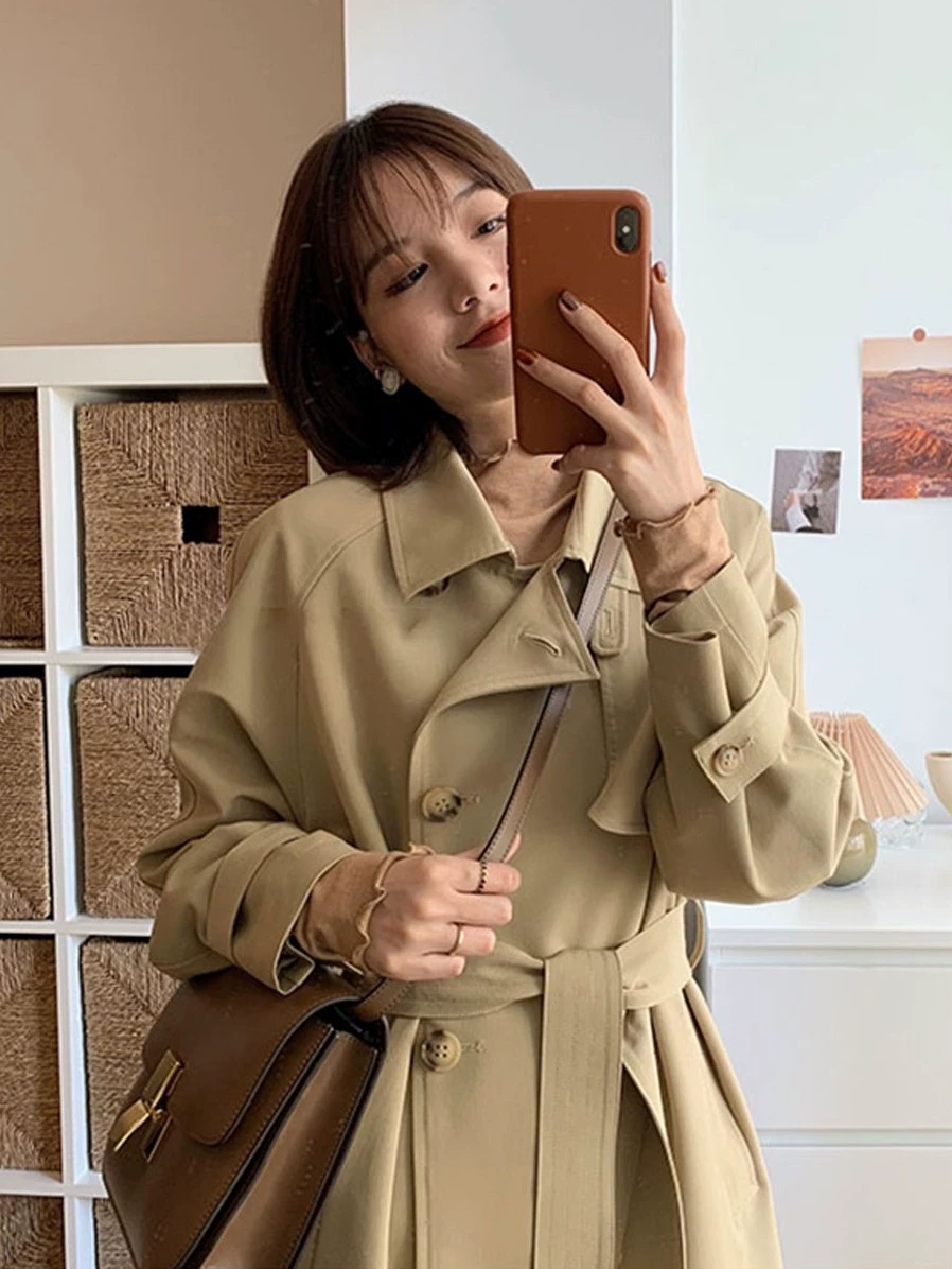 Осенняя trench coat, демисезонная длинная хаки весенняя куртка, для подростков, корейский стиль, средней длины