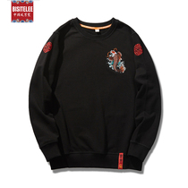 Thin long sleeve sweater mens round neck Chinese style carp embroidery spring and autumn large size loose casual mens tide