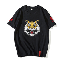 2021 New embroidered T-shirt mens short sleeve Chinese style cotton half sleeve size loose European and American tiger head shirt trend