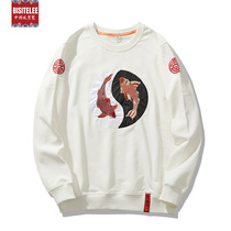 Thin long sleeve sweater mens round neck Chinese style Tai Chi fish embroidery spring and autumn large size loose casual mens tide