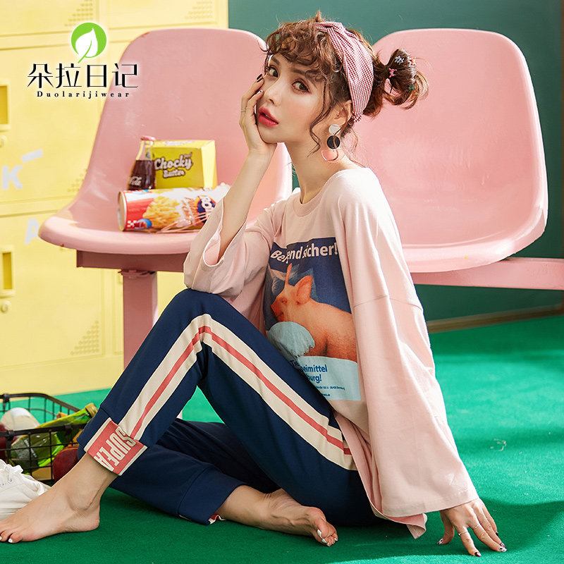 Pure Cotton Pyjamas Woman Spring Autumn Style Student Korean Version Casual Loose Fresh Cute Cartoon Long Sleeve Home Clothing Two Sets