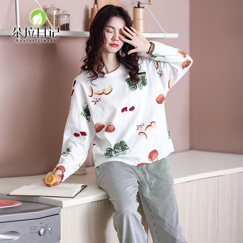 Autumn pyjamas woman long sleeve pure cotton Korean version can be worn out of casual fresher lady Spring and autumn in full cotton Home Residence Suit Suit